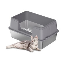 Edelstahl Katzenstreubox, hochseitig mit Deckel, 60x40x36,5 cm, Grau, mit Schaufel und rutschfester Matte