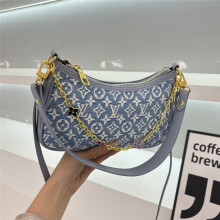 (Blue) Embroidered printed meniscus armpit bag