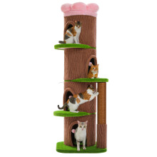 Katzenbaum, XL, braun, mit 4 Höhlen, Blumen-Dachbett und dickem Kratzpfosten für den Innenbereich