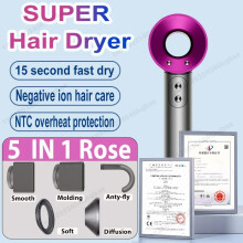 SenCiciMen Haartrockner-Set, Blattloser Föhn, Negativ-Ionen, 1600W, 5 Düsen in Rose
