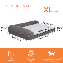 BingoPaw Hundebett, L-förmiges Chaiselongue Sofa, orthopädisch, XL 120x90x25cm, grau
