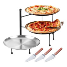 3-Tier Pizza Stand for Party, Pizza Rack (10.2" H) Tiered Tray Stand & 3 Pizza Pans & 3 Wood Handle Serving Spatula