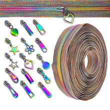 5 Rainbow Zippers for Sewing, 10 Yards Nylon Zipper Tape with 30 Rainbow Pulls for DIY Projects