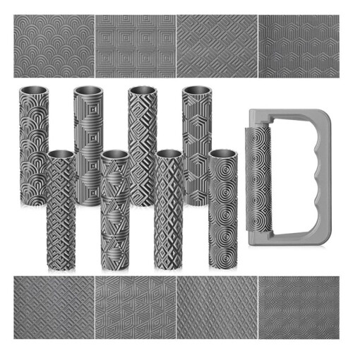 9 Pcs Clay Texture Roller Set with Handle, Geometric Pattern Rollers for Clay and Crafts