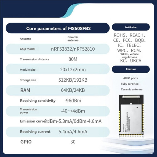 MS50SFB2  5.0 RF Transceiver Module Low Power Nordic NRF52832, Built-in IBeacon Broadcasting Mode MS50SFB2 2