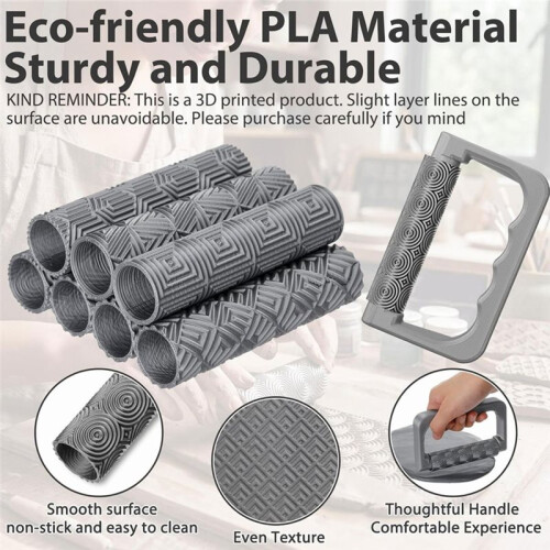 9 Pcs Clay Texture Roller Set with Handle, Geometric Pattern Rollers for Clay and Crafts 2