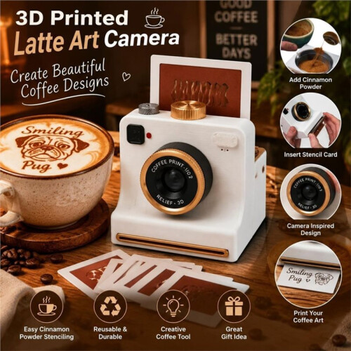 3D Printed Latte Camera Vintage  Replaceable Cards DIY Latte Art Camera Tool One Touch Press with 4 X Stencils C 1