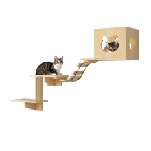 Katzenregal aus Kiefernholz, Wandmontierte Katzenmöbel mit Katzenhaus, Leiter und Sisal-Kratzstamm für Mehrfach-Plattformen