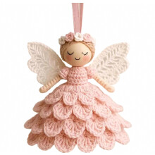 Kerstdecoratie: een zelfgemaakte engel, haaknaald, materiaal, eindproduct, gebreide kerstboomhanger, wollen sieraden, sleutelhanger - roze