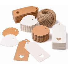 Gift Tags 200pcs Brown And White Kraft Paper Tag,blank Rectangular Round Heart Shaped Tags,tag For Wedding Christmas Party Gift,20m Jute Tne