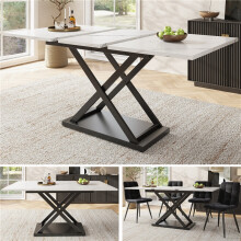 Extendable Dining Table 120-160cm with Black Crossed Iron Legs and White Marble Tabletop for 6-8 People