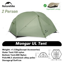Naturehike Mongar 2 UL Zelt, 1-3 Personen, Wasserdicht, Ultraleicht, Grün