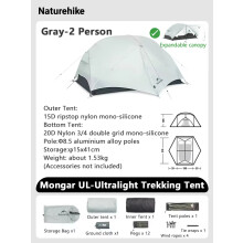 Naturehike Mongar 2 UL Zelt, Grau, Ultraleicht, Wasserdicht, für Rucksackreisen