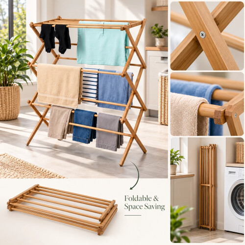 3 Tier Bamboo Clothes Dryer Airer Foldable Laundry 1