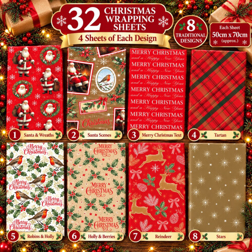 32 Christmas Wrapping Paper Sheets Traditional 1