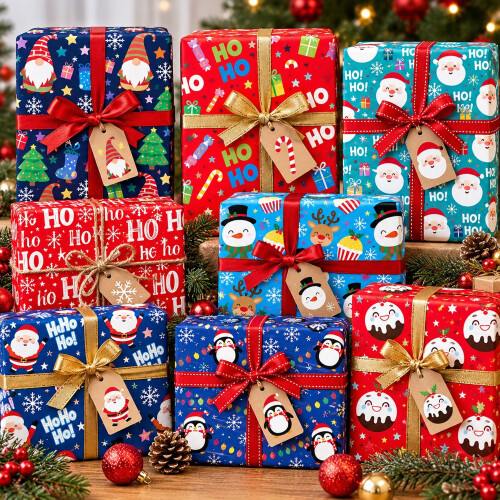 8 Christmas Wrapping Paper Sheets Cute Characters 2