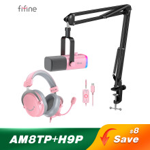 FIFINE Gaming set, AM8P microfoon en H9P headset, USB/XLR, met RGB en roze arm