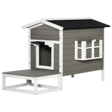 PawHut Maisonnette pour chats, niche extérieure surélevée avec terrasse et toit imperméable, bois, 115x66,5x74,7 cm, gris