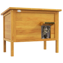 PawHut Maison pour chats, niche d'extérieur surélevée en bois de sapin avec toit ouvrable, 85 x 50 x 68,5 cm, naturel et vert