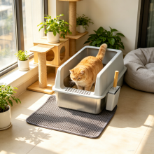 Bac à litière pour chats en acier inoxydable, 60,5x40,5x31cm, avec pelle et tapis anti-fuite, Gris et Argent