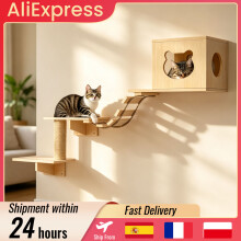 Étagère murale pour chat en bois de pin massif, lot de 5 pièces avec hamac, échelle et griffoir
