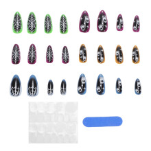 24Pcs Press On Nails Fake Artificial False Little Ghost Spider Web Pattern Full Cover Stick On Detachable with File Gel for Parties Role Playing
