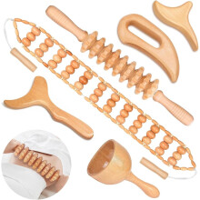 Lot de 6 outils de massage en bois, roulement et grattage pour soulagement musculaire et remodelage corporel