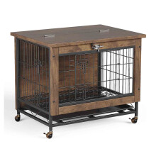 HiMISS Cage pour chien en bois et acier, Brun rustique, 67x50x65 cm, avec roulettes et double porte