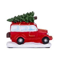 Animated Xmas Resin Craft Small Car Statue Christmas Red Car Model Figurine LED Lighted Home Tabletop Room Decoration