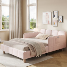Upholstered Children Bed 90x190cm with Headboard and Safety Rail, Solid Wood Legs, Velvet Pink Single Bed