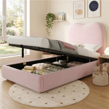 Upholstered Children Bed 90x190cm with Hydraulic Storage and Headboard, Single Kids Bed with Rounded Corners, Pink Velvet
