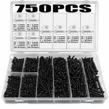 Assortimento di 750 viti autofilettanti per lamiera, testa tonda, nere, diametro 2,5–4,0 mm