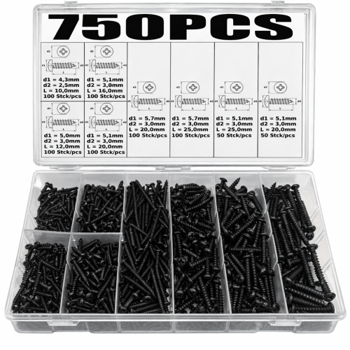750 Stück Blechschrauben-Sortiment, Rundkopf, schwarz, 2,5–4,0 mm