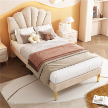Velvet Upholstered Single Bed 90x190cm with Golden Iron Legs and Adjustable Headboard, Shell-Like Design, Beige