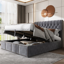 Super King Size Bed 180x200cm with Hydraulic Lever and Rivet Decoration, Functional Storage Bed, Grey Velvet