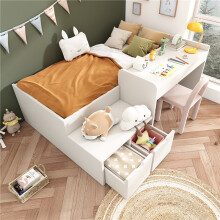Kids Single Bed with Desk and Drawers 90x190cm, White Wooden Storage Bed with Slatted Frame for Teenagers and Adults