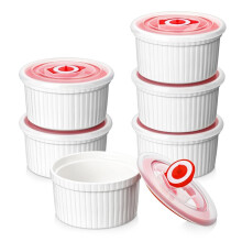 Set van 6 Ramekins van 237 Ml met Deksels, Porseleinen Crème Brûlée Cupjes, Geschikt voor Oven, Magnetron en Vaatwasser, Loodvrij