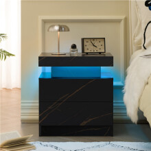 LED Nightstand Bedside Table with 2 Drawers and Multi-Color Adjustable Lights, Modern End Side Cabinet, Black Gold