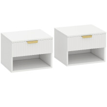 Set of 2 Floating Nightstands with Fluted Drawer and Open Shelf, Wall Mounted Bedside Tables with Gold Handles, White