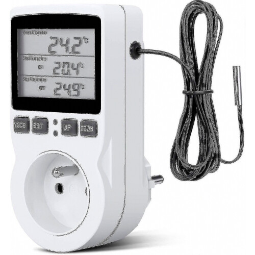 Digital Temperature Controller Socket Heating Cooling Thermostat 230V with Sensor Socket and Probe LCD Screen for Greenhouse, Aquarium, Terrarium