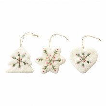 3er-Set bestickte Filzherzen und Schneeflocken als Weihnachtsbaumschmuck, hängende Filzfiguren für Weihnachtsbaumkranz und Fenster, weiß
