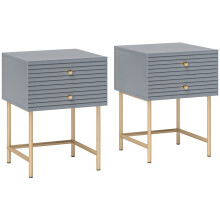 Set of Two Elegant Bedside Tables with Gold Tone Legs and Handles, Grey Nightstands with 2 Drawers, 54.5H x 40W