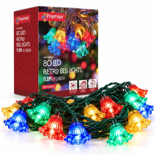 Premier Retro Bell Christmas Lights 80 LED Multicoloured
