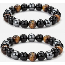Pulsera de triple protección, 2 piezas de obsidiana negra, ojo de tigre, piedra, hematita, ojo de tigre, pulsera triple, trae buena sue
