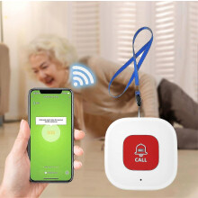 Wifi-oproepknop voor verzorgers in een thuisbewakingssysteem voor ouderen met app-meldingen. Geen maandelijkse kosten.