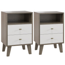 Industrial Scandinavian Mix Bedside Table with 2 Drawers and Shelf, MDF Nightstand with Metal Sliders, Black Frame