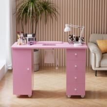 Pink Mobile Manicure Nail Table w/ Built-in Dust Collector, 110×45×75cm Rolling Nail Workstation, 1 Cabinet & 4 Drawers, Wrist Rest for Beauty Salon