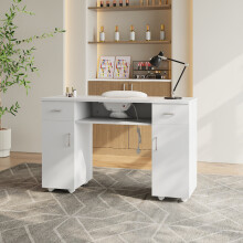 White Rolling Manicure Table with Built-in Dust Extractor - 120×45×80cm, 2 Drawers & 2 Cabinets, Lockable Casters, Wrist Rest