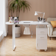 Whtie Curved Tabletop Manicure Table with Dust Collector, 120×47×80cm, 2 Drawers & 1 Cabinet, Lockable Casters, Wrist Rest