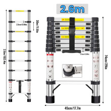 Échelle télescopique en acier inoxydable 2,6 m, capacité 150 kg, réglable et portable pour intérieur et extérieur